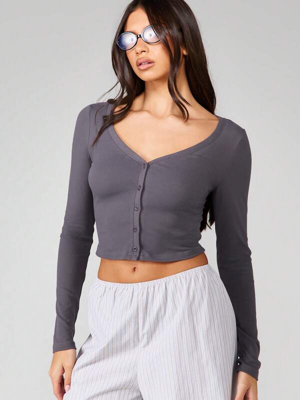 missguided MISSGUIDED Button Front V Neck Ribbed Crop Cardigan