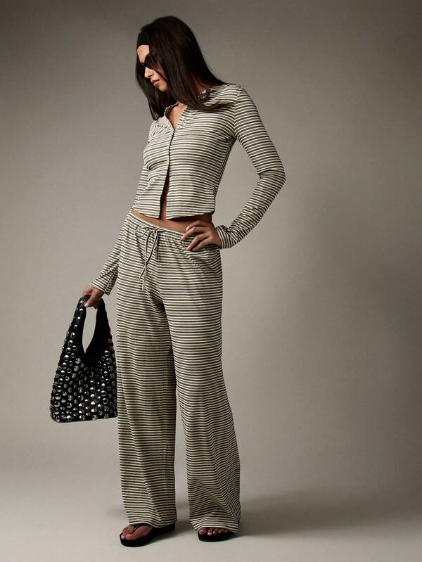 Missguided MISSGUIDED Button Through Ribbed Striped Wide Leg Two Piece Outfit