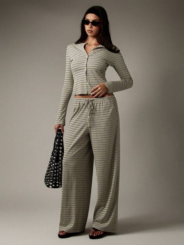 missguided MISSGUIDED Button Through Ribbed Striped Wide Leg Two Piece Outfit
