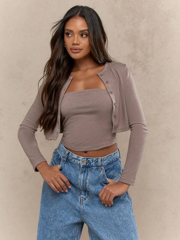 missguided MISSGUIDED Button Up Cardigan With Strapless Tube Top Set