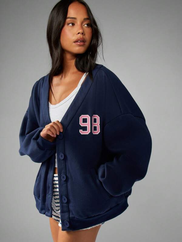 Missguided MISSGUIDED Button Up Varsity Cardigan With Numerical Print