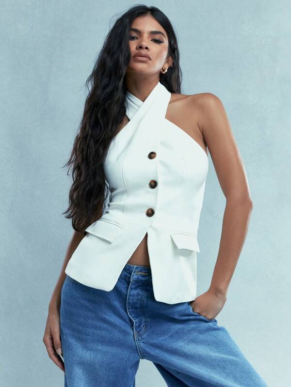missguided MISSGUIDED Buttoned Cross Halter Neck Backless Tank Top With Pockets