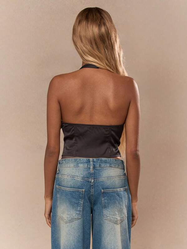 Missguided MISSGUIDED Buttoned Ruched Bust Plunge Neck Crop Top