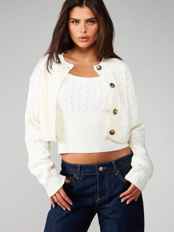 Missguided MISSGUIDED Cable Knit Cropped Cardigan And Vest Set