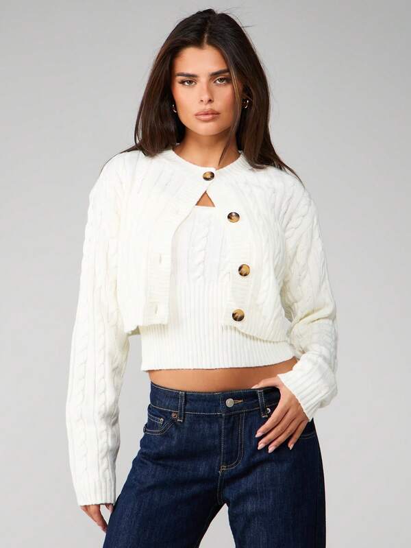 missguided MISSGUIDED Cable Knit Cropped Cardigan And Vest Set