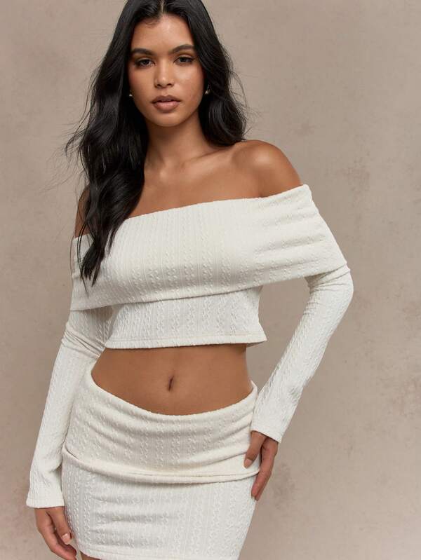 Missguided MISSGUIDED Cable Knit Flap Off Shoulder Long Sleeves Crop Bardot Top And Bodycon Mini Skirt Two Piece Co-Ord Set