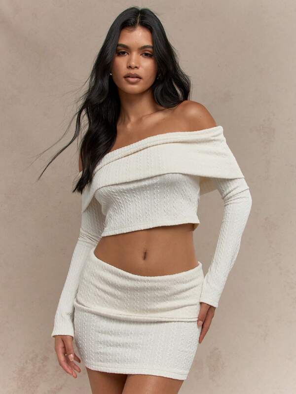 missguided MISSGUIDED Cable Knit Flap Off Shoulder Long Sleeves Crop Bardot Top And Bodycon Mini Skirt Two Piece Co-Ord Set