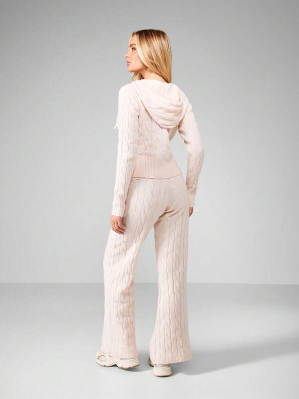 Missguided MISSGUIDED Cable Knit Hooded Cardigan With Flare Pants