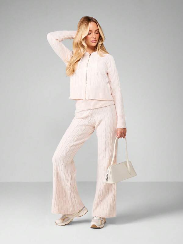 missguided MISSGUIDED Cable Knit Hooded Cardigan With Flare Pants