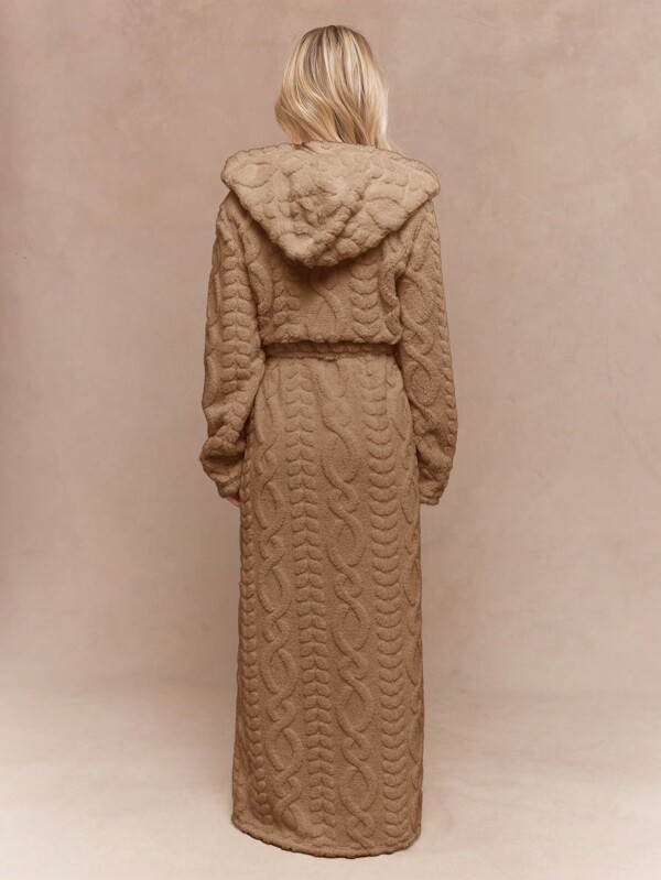 Missguided MISSGUIDED Cable Knit Hooded Robe With Belt And Pockets