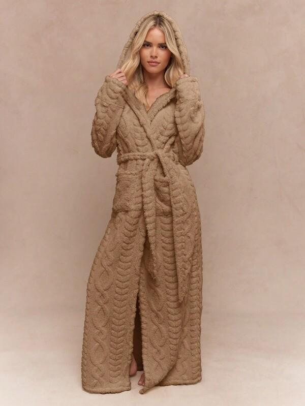 Missguided MISSGUIDED Cable Knit Hooded Robe With Belt And Pockets