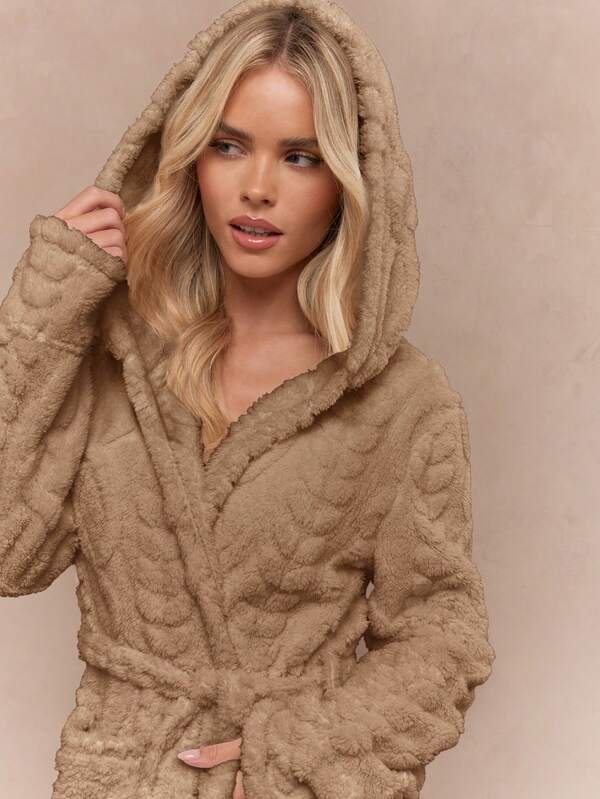 Missguided MISSGUIDED Cable Knit Hooded Robe With Belt And Pockets