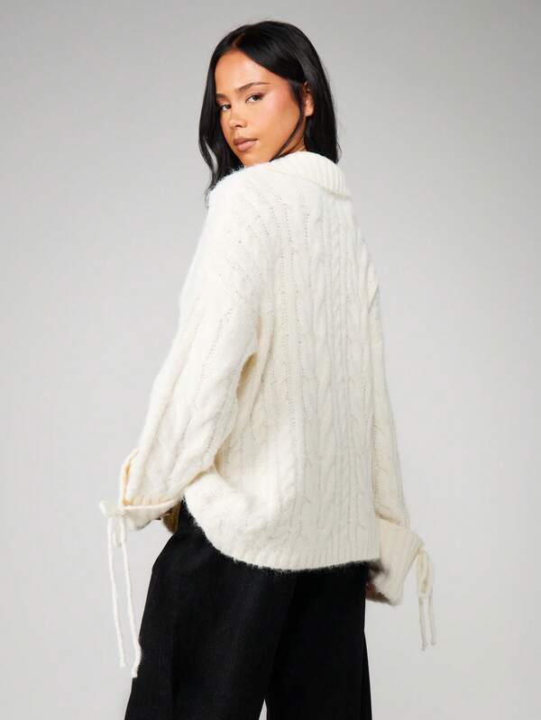 Missguided MISSGUIDED Cable Knit Hoodie With Drawstring