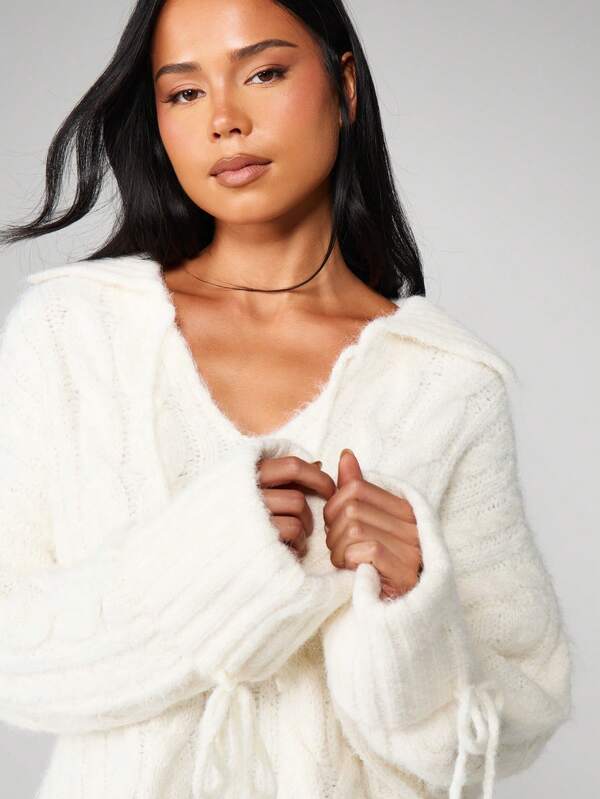 Missguided MISSGUIDED Cable Knit Hoodie With Drawstring