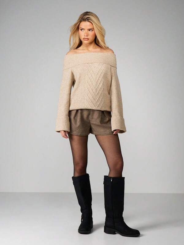 Missguided MISSGUIDED Cable Knit Off Shoulder Sweater With Zig Zag Pattern