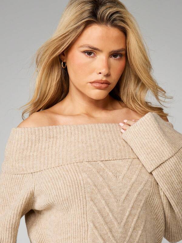 Missguided MISSGUIDED Cable Knit Off Shoulder Sweater With Zig Zag Pattern