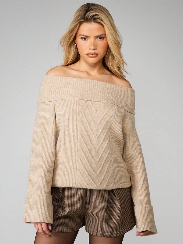 missguided MISSGUIDED Cable Knit Off Shoulder Sweater With Zig Zag Pattern missguided MISSGUIDED Cable Knit Off Shoulder Sweater With Zig Zag Pattern