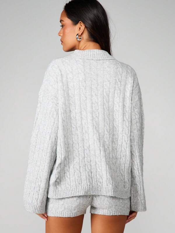 Missguided MISSGUIDED Cable Knit Polo Hoodie With Hot Pants Co-Ord