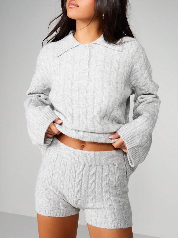 Missguided MISSGUIDED Cable Knit Polo Hoodie With Hot Pants Co-Ord