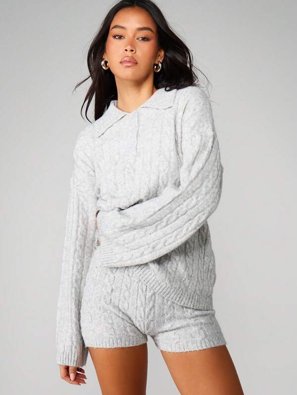 missguided MISSGUIDED Cable Knit Polo Hoodie With Hot Pants Co-Ord