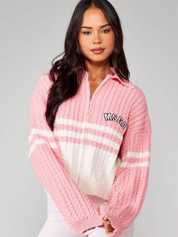 missguided MISSGUIDED Cable Knit Stripe Quarter Zip Cardigan
