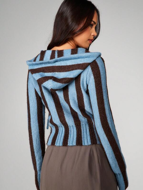 Missguided MISSGUIDED Cable Knit Striped Hooded Cardigan With Zipper