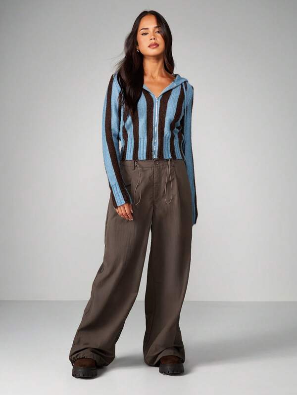 Missguided MISSGUIDED Cable Knit Striped Hooded Cardigan With Zipper