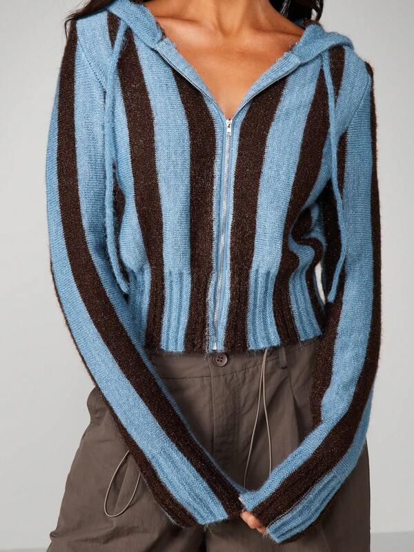 Missguided MISSGUIDED Cable Knit Striped Hooded Cardigan With Zipper