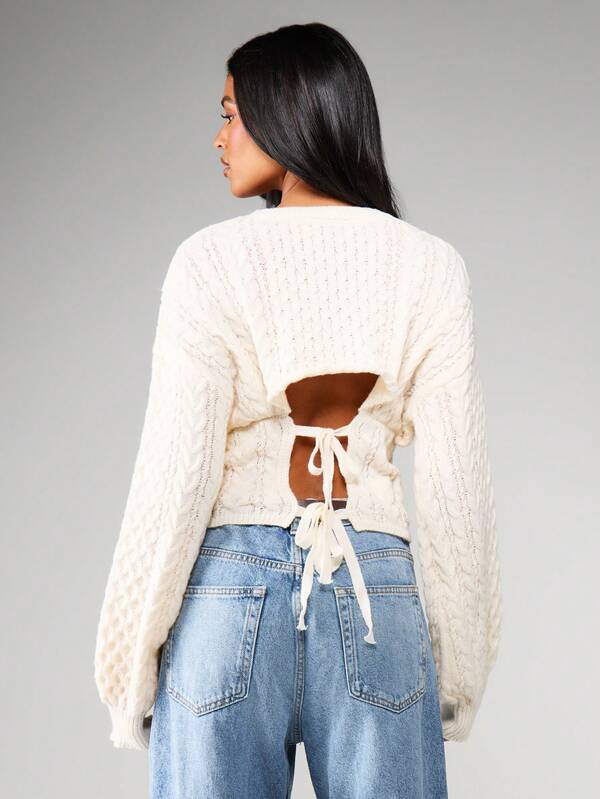 Missguided MISSGUIDED Cable Knit Sweater With Tie Back