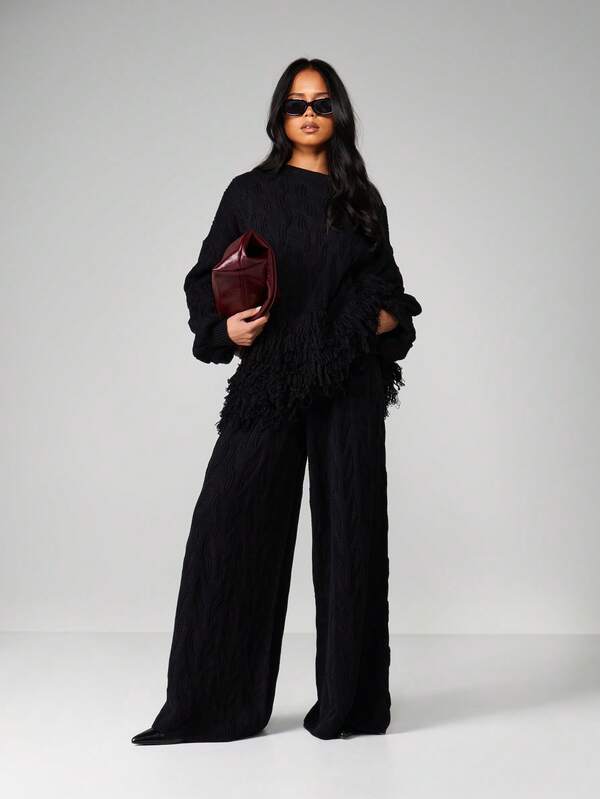 Missguided MISSGUIDED Cable Knit Wide Leg Joggers With Fringe