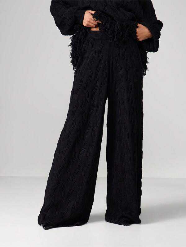 missguided MISSGUIDED Cable Knit Wide Leg Joggers With Fringe