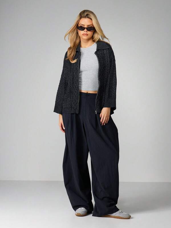 Missguided MISSGUIDED Cable Knit Zip Front Cardigan