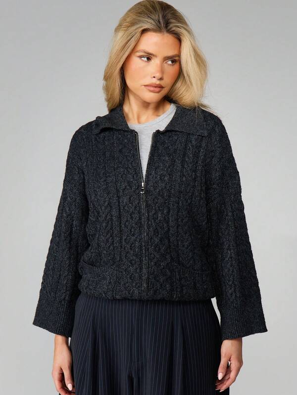 Missguided MISSGUIDED Cable Knit Zip Front Cardigan