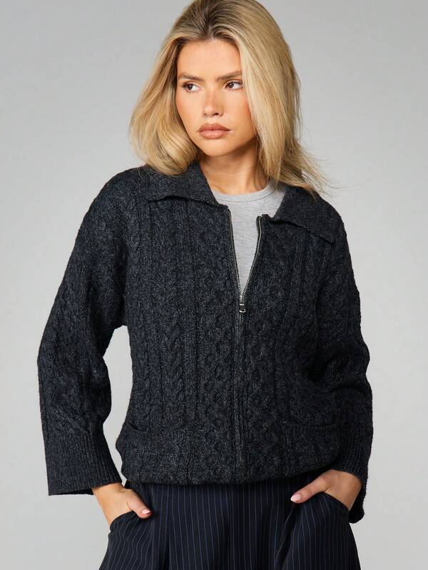 missguided MISSGUIDED Cable Knit Zip Front Cardigan