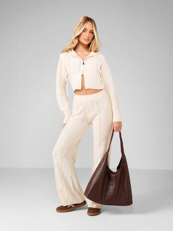 missguided MISSGUIDED Cable Knit Zip Up Hooded Co-Ord Set