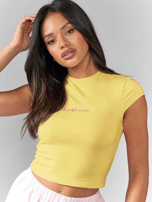 Missguided MISSGUIDED California Slogan Fitted Cap Sleeve Women T-Shirt