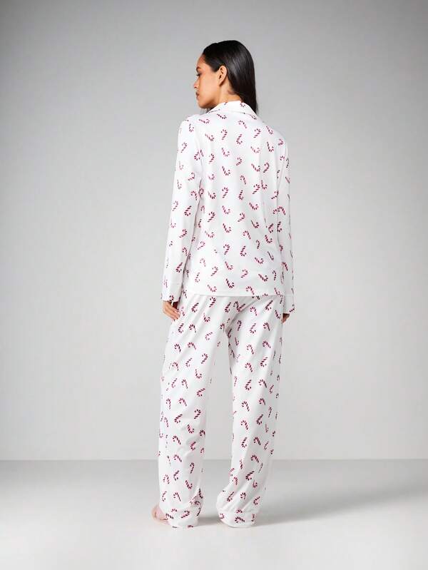 Missguided MISSGUIDED Candy Cane Print Pajama Set With Button Front