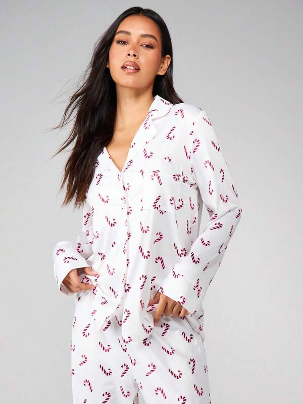 Missguided MISSGUIDED Candy Cane Print Pajama Set With Button Front