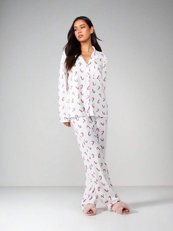 Missguided MISSGUIDED Candy Cane Print Pajama Set With Button Front