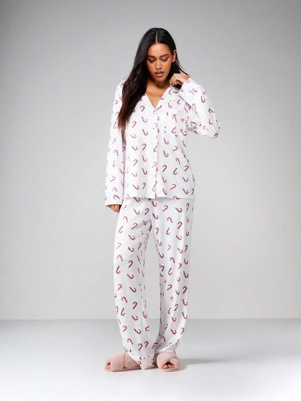 missguided MISSGUIDED Candy Cane Print Pajama Set With Button Front