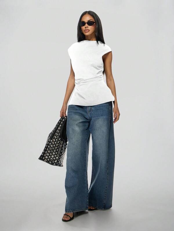 Missguided MISSGUIDED Cap Sleeve Cotton Top With Side Ruched Detail