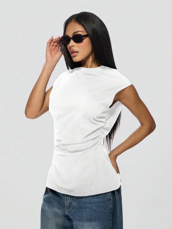 missguided MISSGUIDED Cap Sleeve Cotton Top With Side Ruched Detail