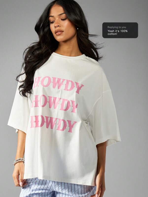 missguided MISSGUIDED Casual Oversized T-Shirt Howdy Slogan Print
