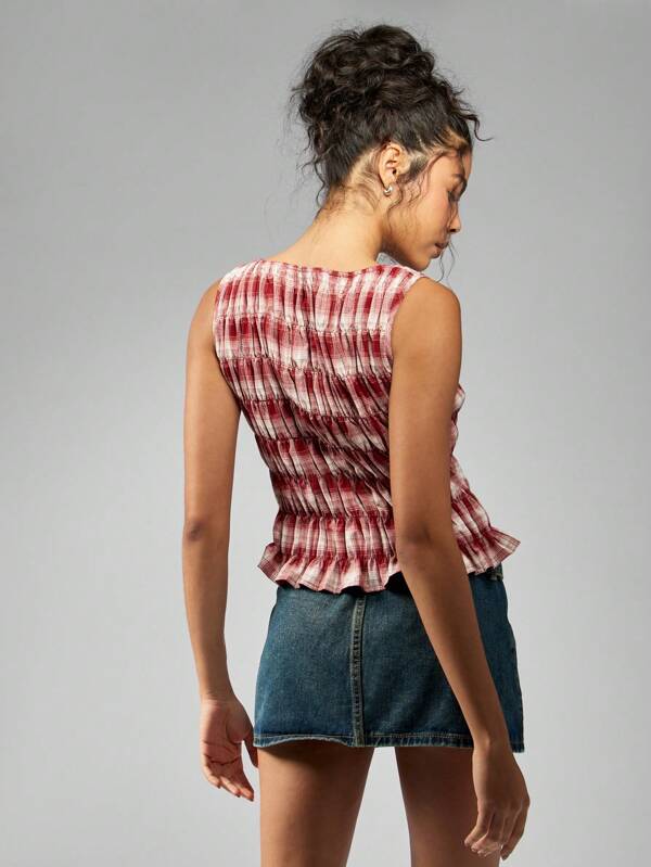 Missguided MISSGUIDED Casual Ruched Smocked Sleeveless Plaid Check Pattern Crop Women Tops