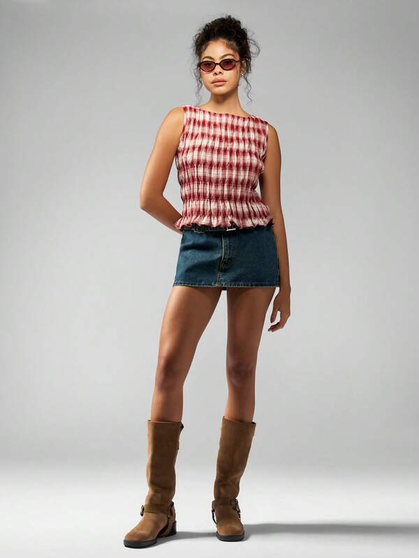Missguided MISSGUIDED Casual Ruched Smocked Sleeveless Plaid Check Pattern Crop Women Tops