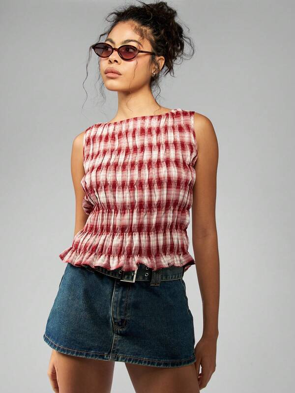 Missguided MISSGUIDED Casual Ruched Smocked Sleeveless Plaid Check Pattern Crop Women Tops