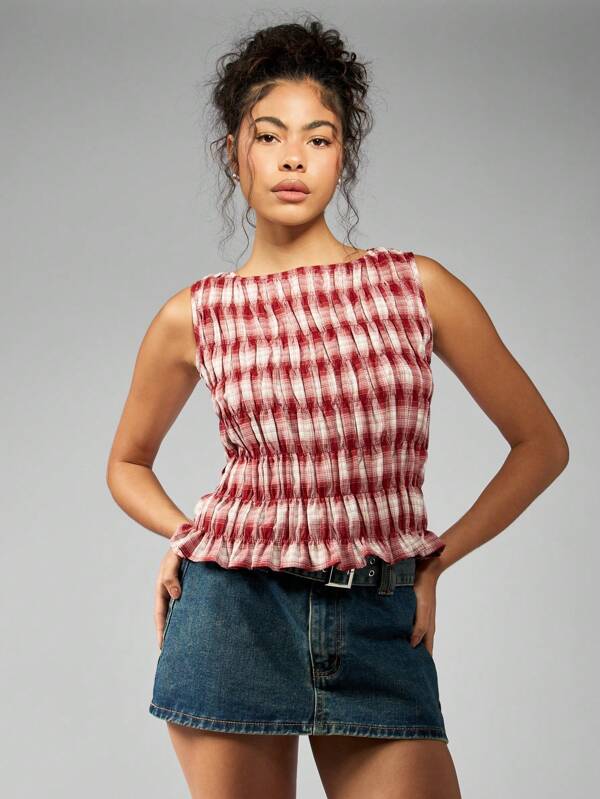 missguided MISSGUIDED Casual Ruched Smocked Sleeveless Plaid Check Pattern Crop Women Tops