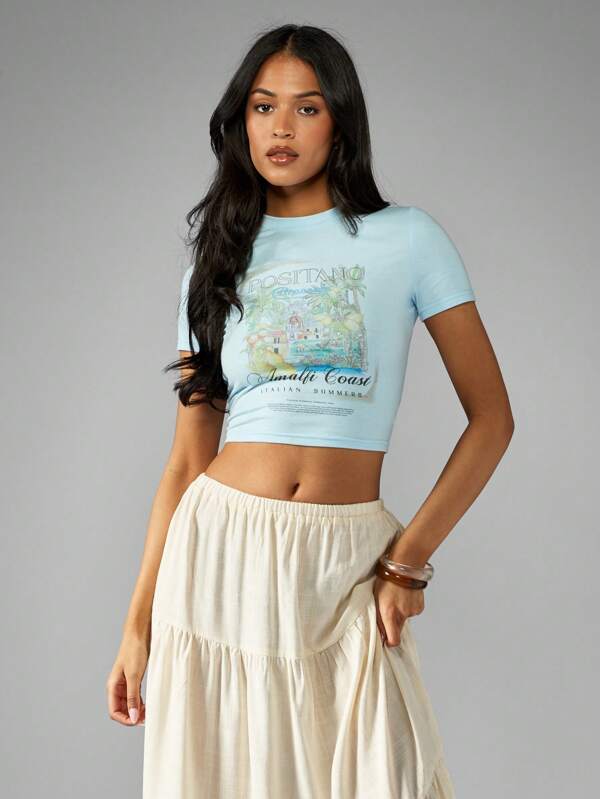missguided MISSGUIDED Casual Short Sleeve Cotton Crop Print T-Shirt