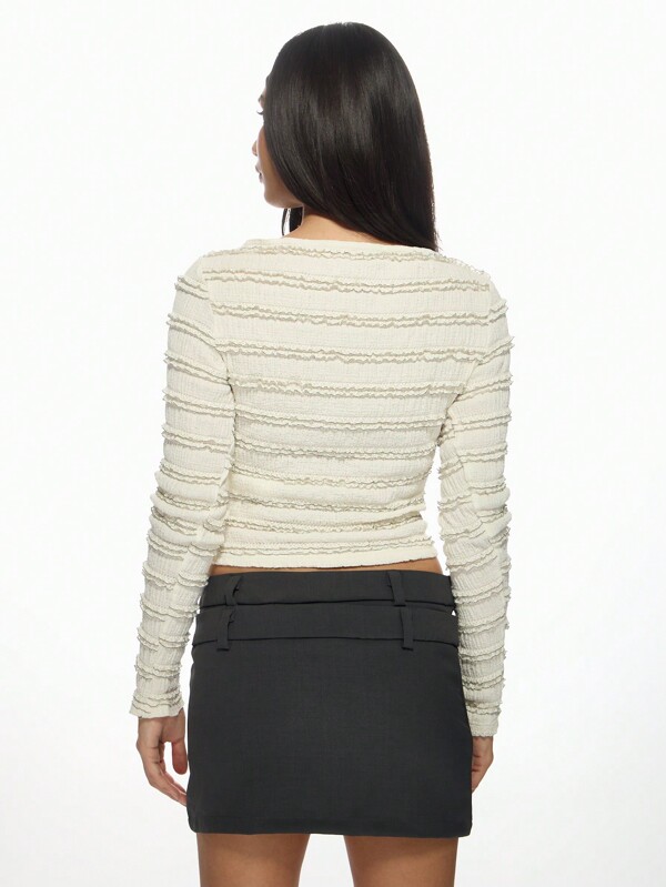Missguided MISSGUIDED Casual Textured Ribbed Ruffle Long Sleeve Crop Top
