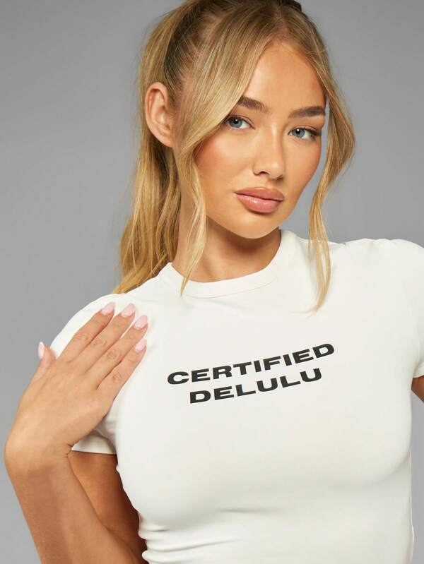 missguided MISSGUIDED Certified Delulu Baby Tee Fitted Crop Top T-Shirt